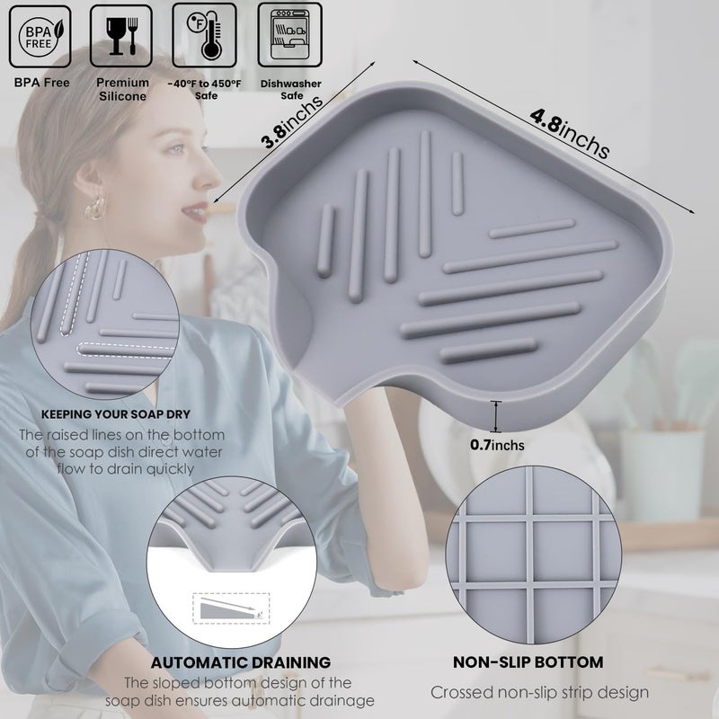 YASMEN 2 Pcs Silicone Soap Dish, Soap Holder with Drain, Sponge Holder for Kitchen Sink, Soap Dispenser Tray, Bathroom & Kitchen Sink Organizer, Rubber Soap Dishes for Bar Soap,Soap Bottles-Black/Grey - Image 3